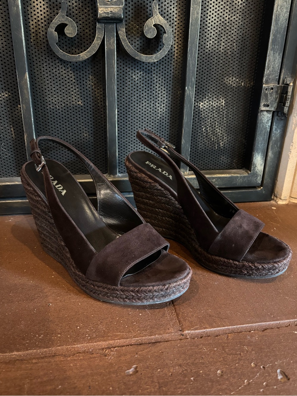 Prada Dark Brown Suede Espadrille Wedge Sandals